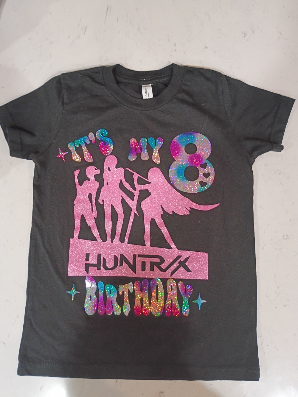 Girls' 'It's My 8th Huntrix Birthday' Black Glitter Tee Size 6-8